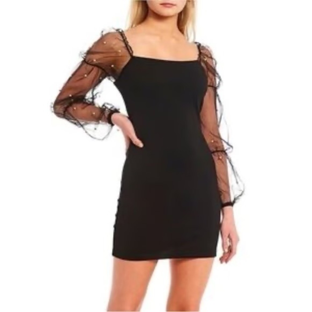 Thirty Thirty LA Black Pearl Mesh Sleeve Mini Dress Square Neck S 7BMEAK240